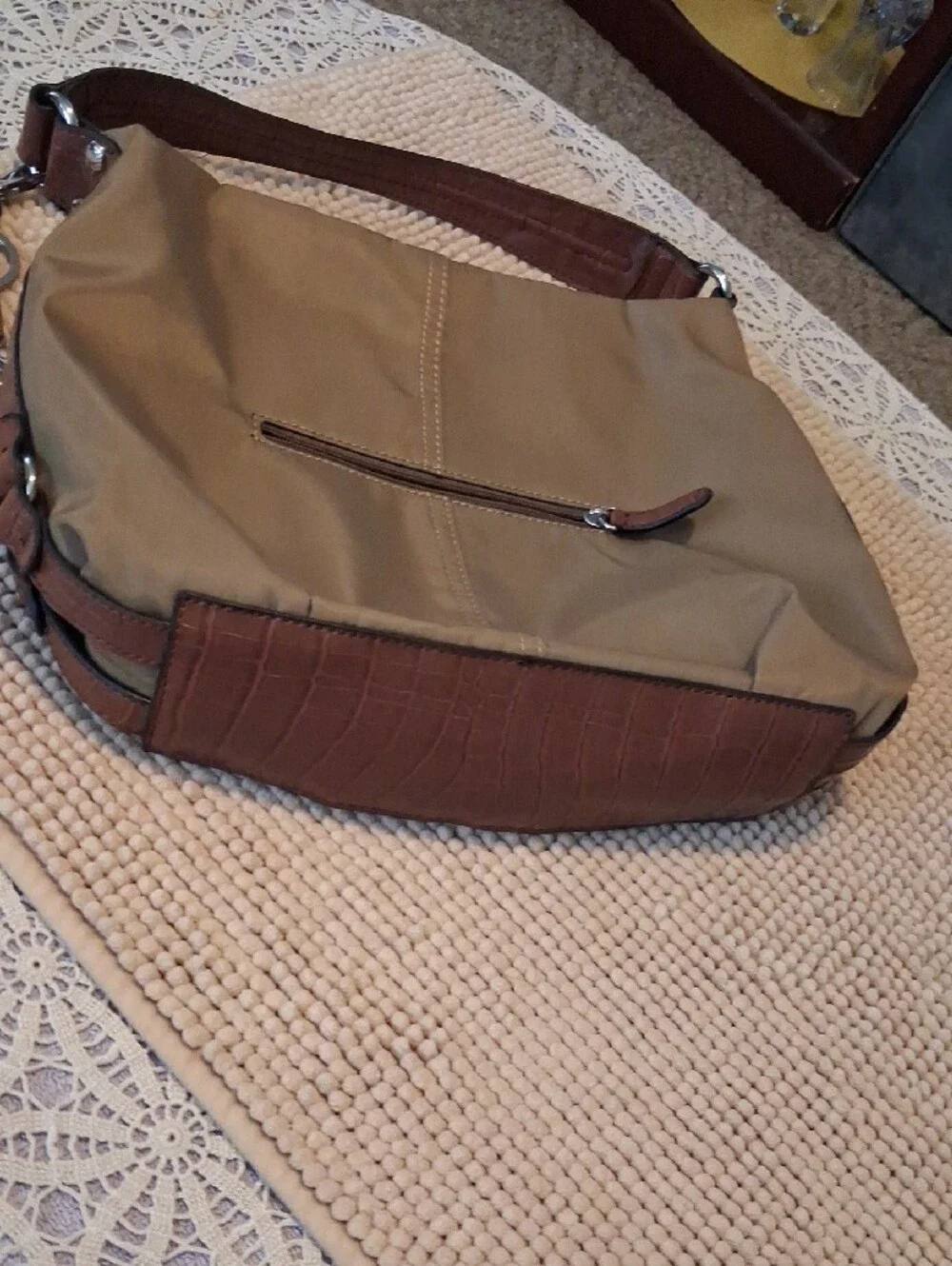 Etienne Aigner Olive/Tan Nylon Hobo with Brown Leather Trim